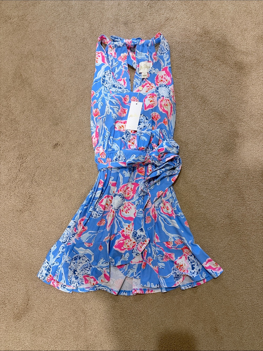 Lilly Pulitzer Blue Floral Halter Dress with Pink & White Accents